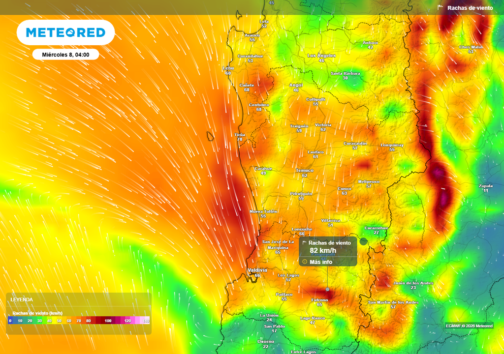 Sistema frontal dejaría rachas de viento de 80 km/h en Chile centro-sur Rachas de viento (km/h) para la madrugada del miércoles (08) en el centro-sur de Chile.