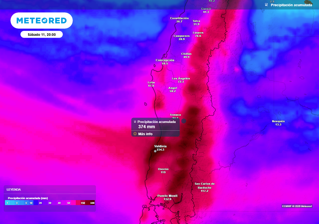 Lluvia acumularía 200 mm en algunas regiones de Chile centro-sur Precipitación acumulada (mm) hasta el sábado (11) en Chile centro-sur.