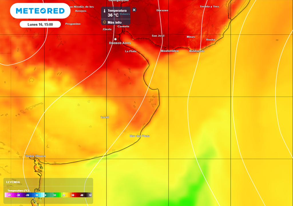 Contraste térmico dentro de la provincia de Buenos Aires, el AMBA se mantiene en la tarde del lunes 16 en el podio del ranking de temperaturas más calurosas de todo el país. Mapa: Meteored Argentina, modelo ECMWF
