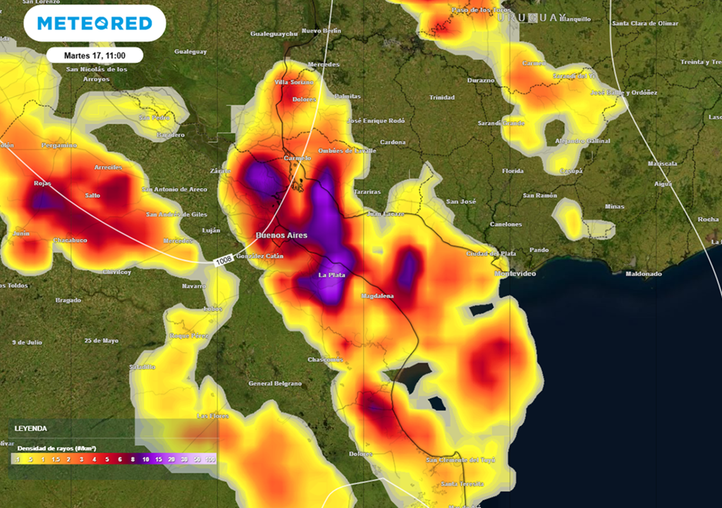 Tormentas fuertes desarrollándose con el avance de la zona frontal sobre el noreste de Buenos Aires, pone en alerta al AMBA este martes 17 de marzo. Modelo ECMWF