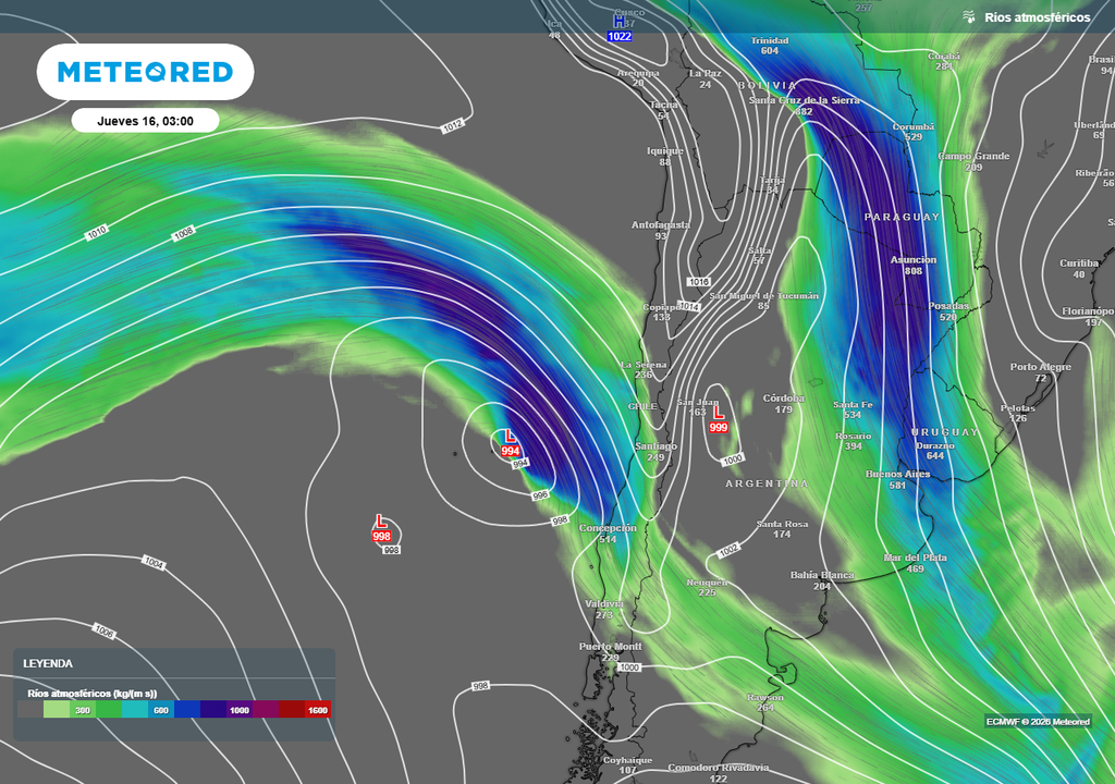 Río atmosférico que impactará el jueves (16) al centro-sur de Chile.