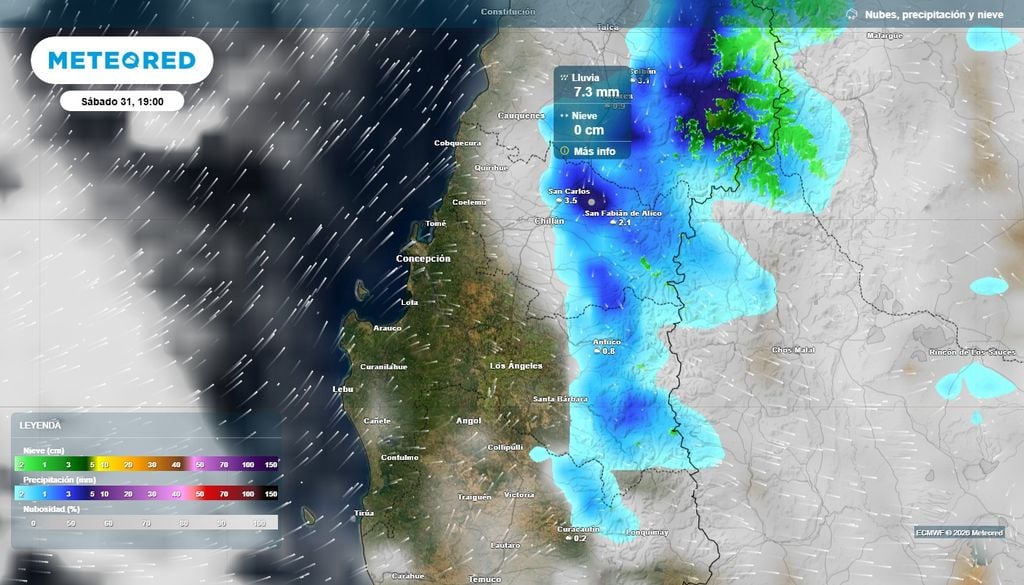 Noche de Halloween con tormentas y chubascos en Chile centor-sur Precipitación (mm) para la tarde del sábado (31) en Chile centro-sur.