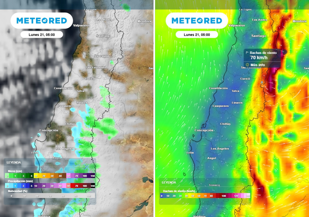 mapas de precipitaciones y rachas de viento Este lunes en la madrugada, la inestabilidad postfrontal dejaría posibles chubascos y vientos con rachas de hasta 70 km/h en cordillera.