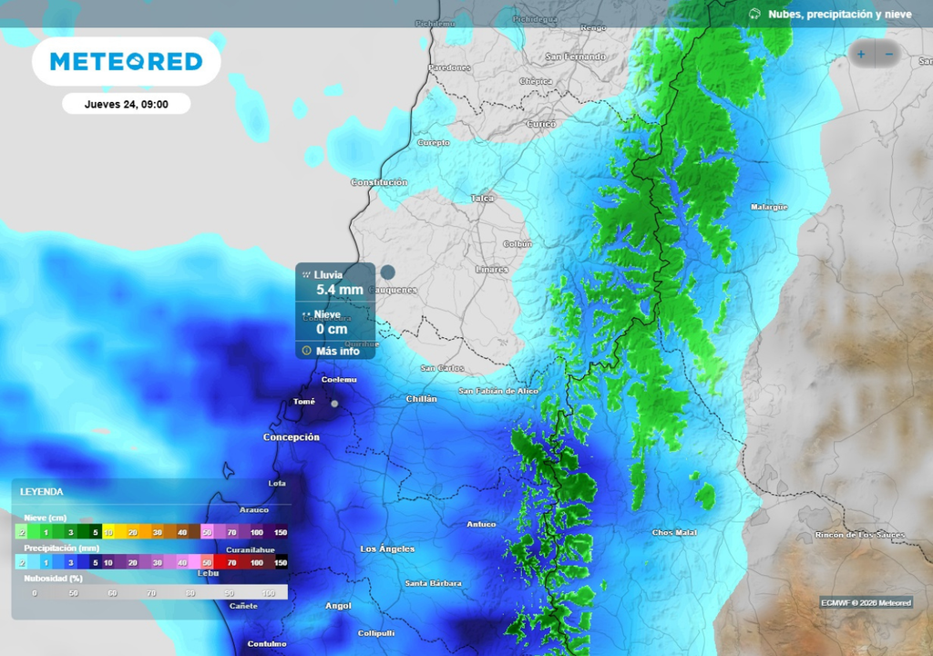 mapa de precipitación Entre la noche del miércoles y la madrugada del jueves llegarán las primeras precipitaciones al Biobío y Ñuble.