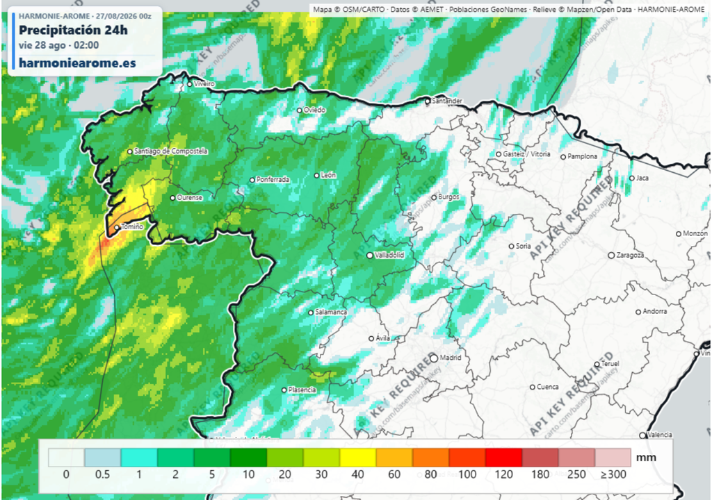 Los modelos de alta resolución prevén acumulados superiores a los 60 l/m2 en el suroeste de Galicia.