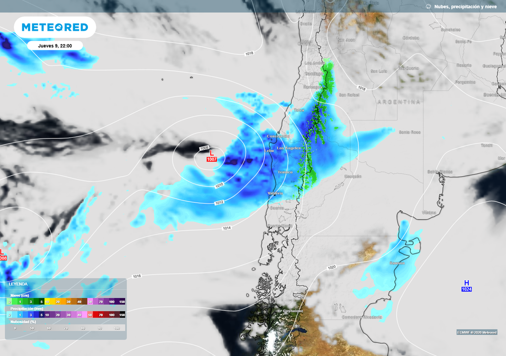 lluvias previstas Las lluvias ganarán un nuevo aporte de vapor en la noche del jueves. El sistema frontal extenderá sus precipitaciones hasta la Región de O'Higgins.
