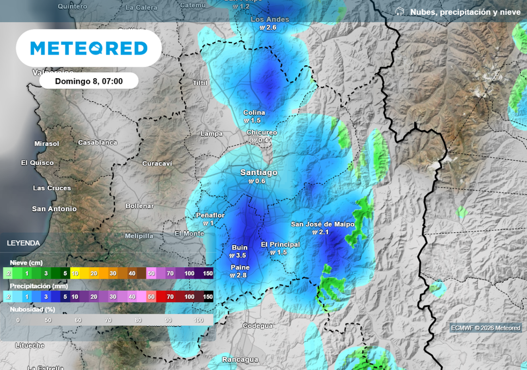 Desde la mañana del domingo ocurrirían chubascos en zonas del sur y norte de la Región Metropolitana.