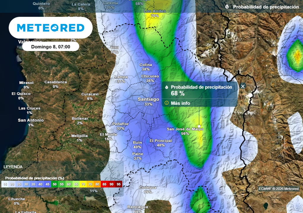 La probabilidad de lluvias en la RM se sitúa cercana al 70 % en zonas precordilleranas este domingo.