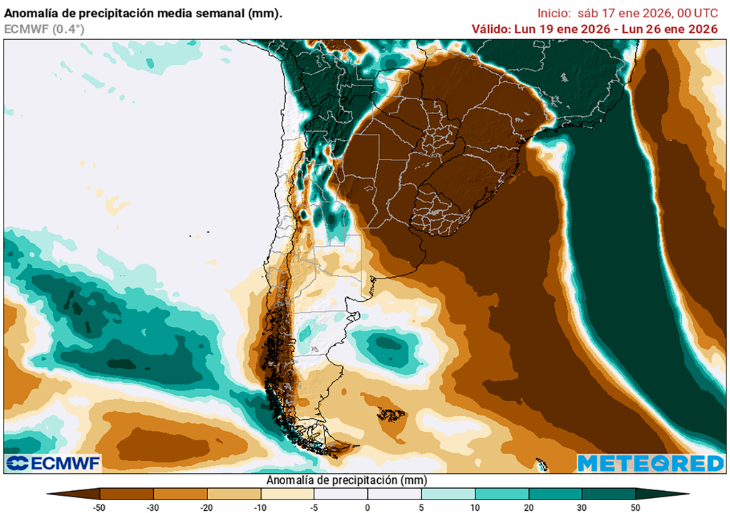Anomalía de precipitaciones prevista para el período entre el 19 y el 25 de enero según el modelo ECMWF