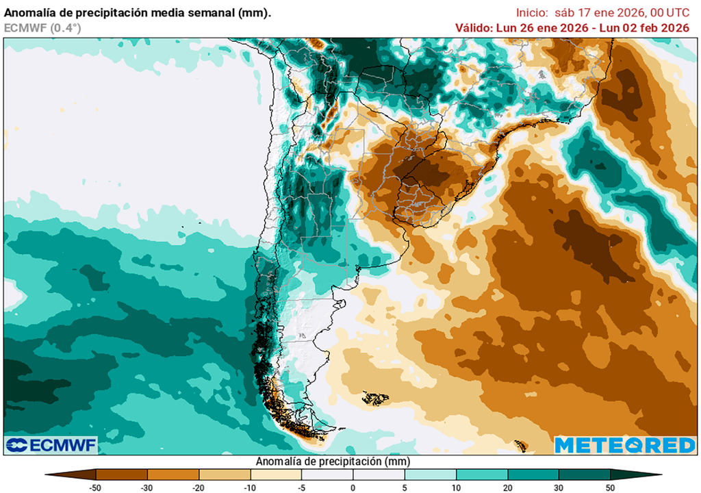 Anomalía de precipitaciones prevista para el período entre el 26 de enero y el 1 de febrero según el modelo ECMWF