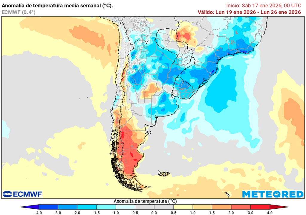 Anomalía de temperatura prevista para el período entre el 19 y el 25 de enero según el modelo ECMWF