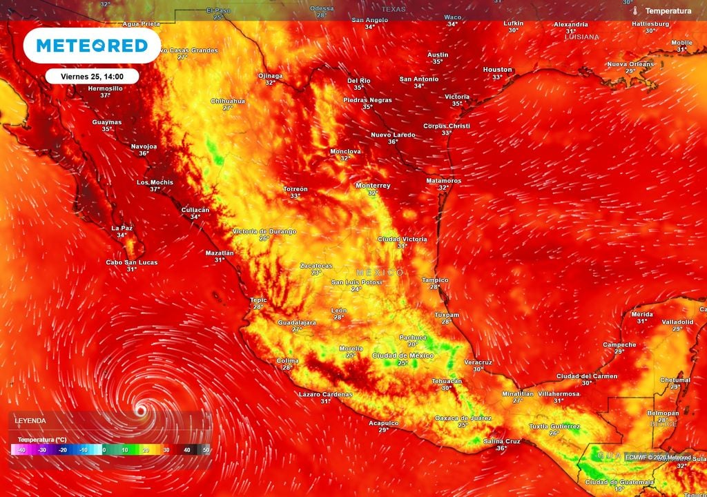 Pronóstico de temperaturas en grados Celsius El noroeste, noreste y costas mantendrán calor de 31-40 °C, refrescándose en sectores de lluvias, resaltando el Altiplano con 20-30 °C.