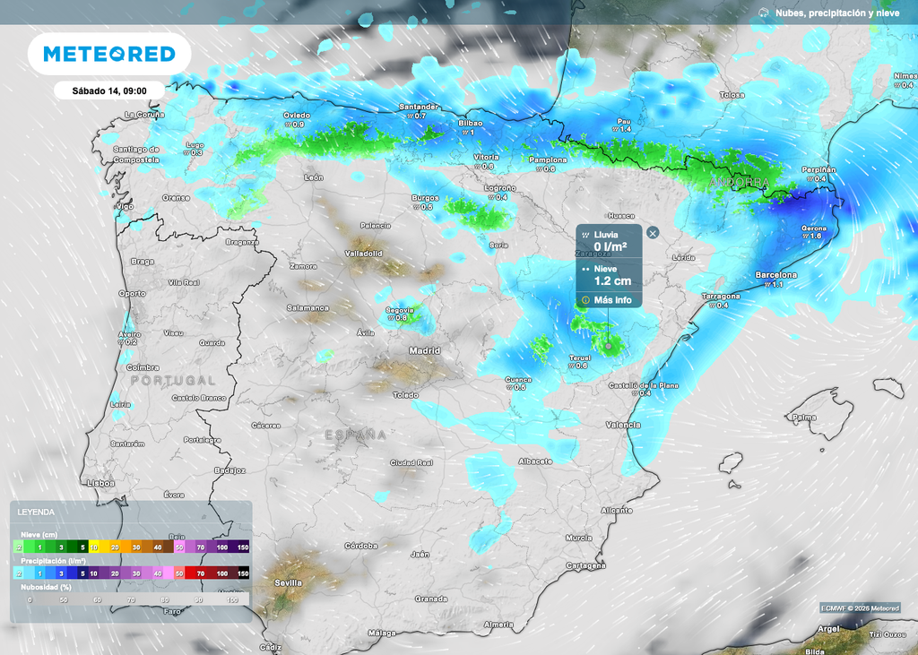 En la mañana del sábado habrá precipìtaciones en muchas zonas de la mitad norte peninsular, con nevadas en las sierras.