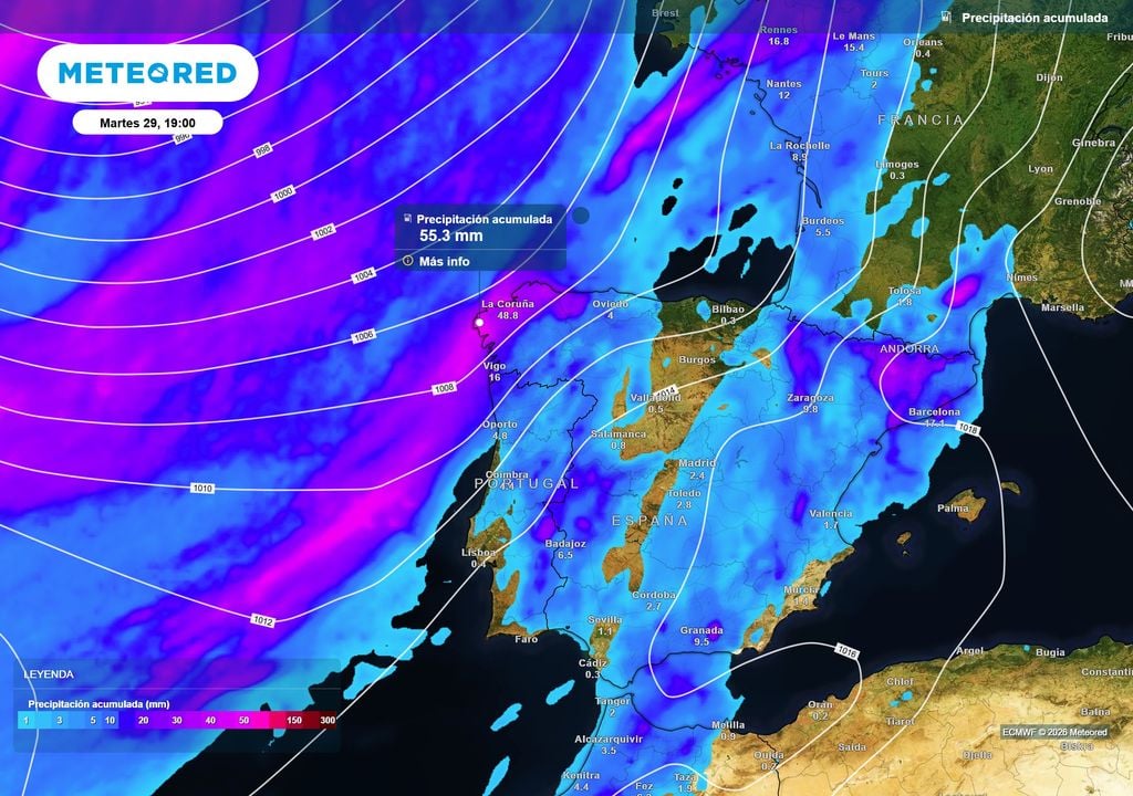 La borrasca se acercará por el noroeste peninsular y dejará lluvias en buena parte de la mitad occidental de la península.