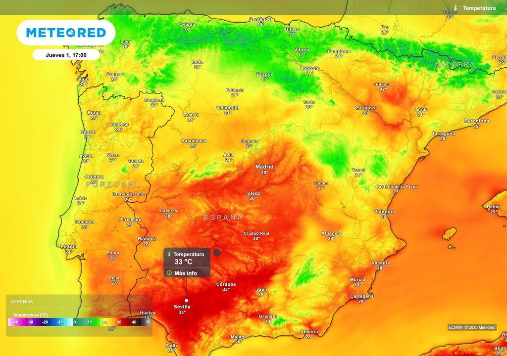 Las temperaturas caerán de forma notable, dejando 33 ºC en el valle del Guadalquivir y máximas por debajo de los 25 ºC en buena parte de la mitad norte peninsular.