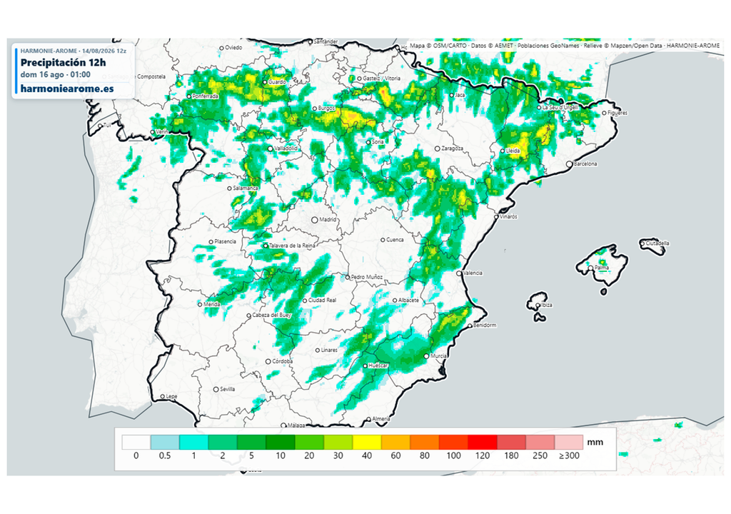 Las tormentas de esta tarde crecerán en amplias zonas de la Península y en el interior de Mallorca: se prevén acumulados localmente significativos en poco tiempo. Fuente: Harmoniearome.es