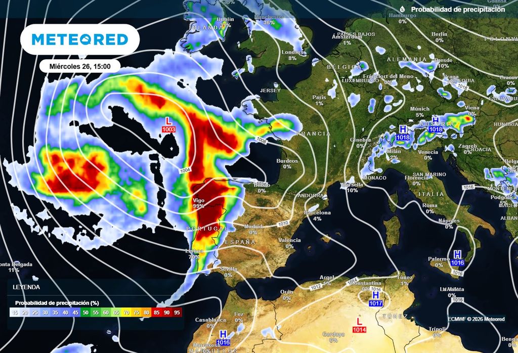 El frente dejará precipitaciones más cuantiosas y localmente fuertes en el noroeste peninsular.