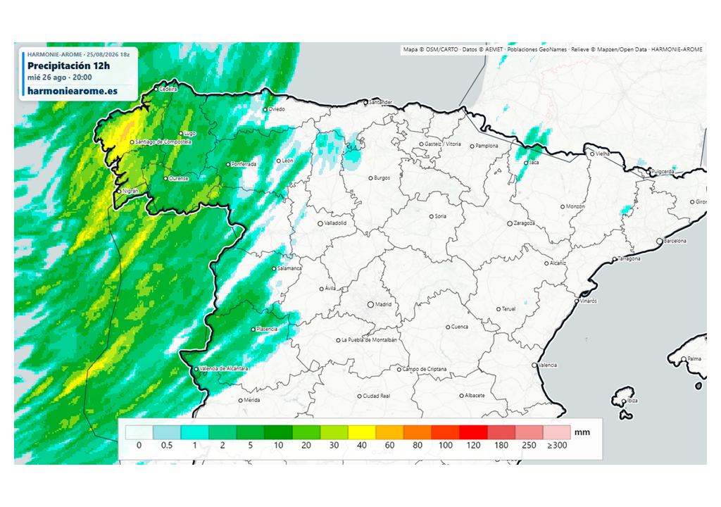 El modelo Harmonie prevé que las lluvias pueden ser de cierta entidad este miércoles en Galicia, con acumulados que localmente pasarán de los 50 l/m2. Fuente: Harmoniearome.es