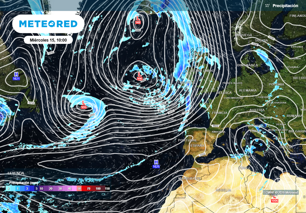 La zona de altas presiones en el Atlántico obligará a circular a las borrascas por latitudes muy altas, llegando solo las colas de los frentes al extremo norte peninsular.