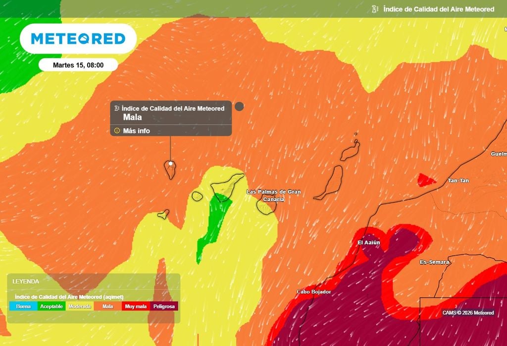 La calidad del aire podría ser mala el martes en casi todo el archipiélago, según el AQI de Meteored.