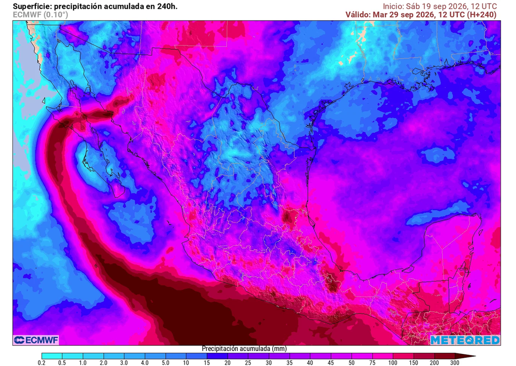 Pronóstico de lluvias acumuladas próximos 10 días Las lluvias y tormentas aumentarán por ciclones en el Pacífico y frentes fríos llegando al norte del país, superando 250 mm en algunas entidades.