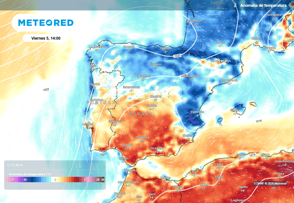 El próximo viernes, con la masa de aire frío polar instalada en la Península y Baleares, se producirá un acusado descenso de las temperaturas en el norte, este y Baleares, situándose los valores máximos por debajo de la media de la época.