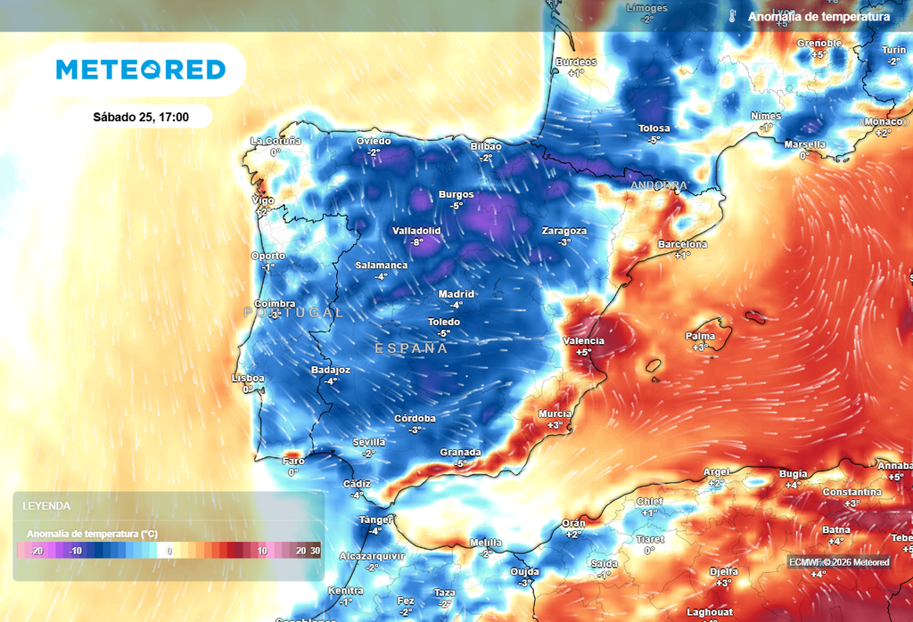 Mañana en algunas zonas de la meseta norte, Ibérica, Sistema Central o en la Cordillera Cantábrica pueden registrar temperaturas diurnas unos 8 ºC más bajas respecto a la media de la época.