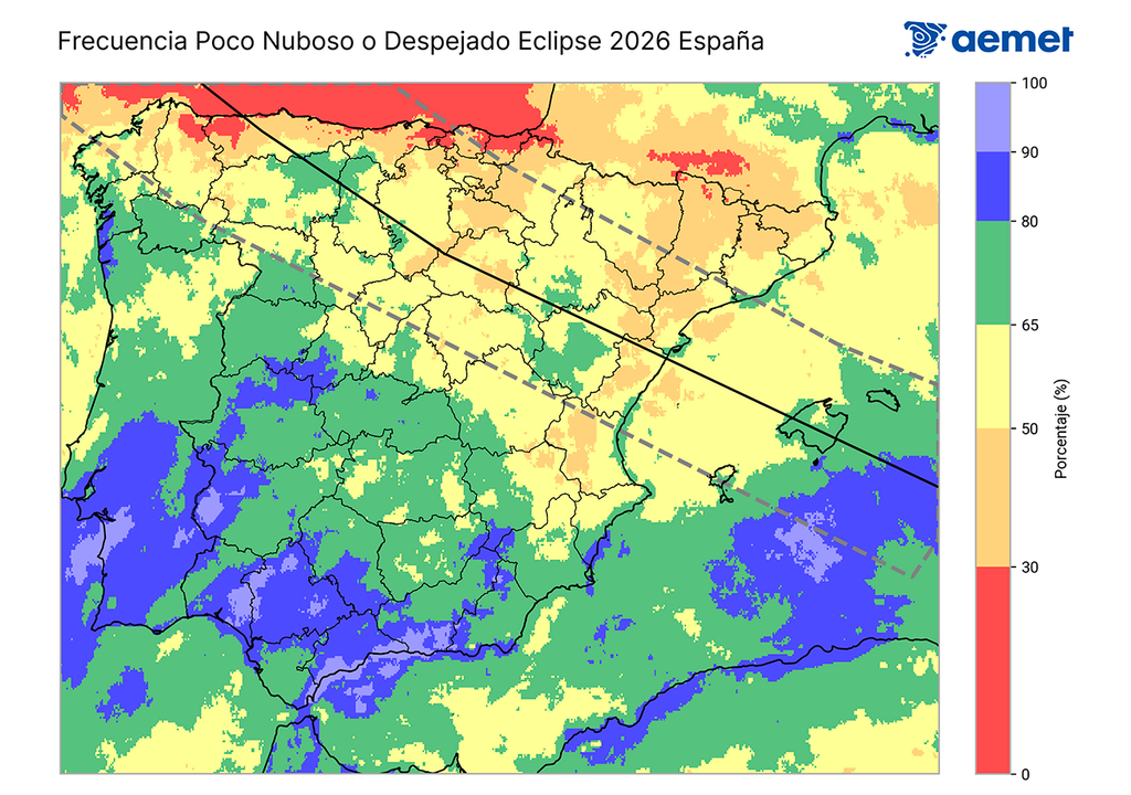 I colori rosso, arancione e giallo rappresentano le zone dove i cieli sereni o poco nuvolosi sono meno frequenti il 12 agosto. Fonte: AEMET.