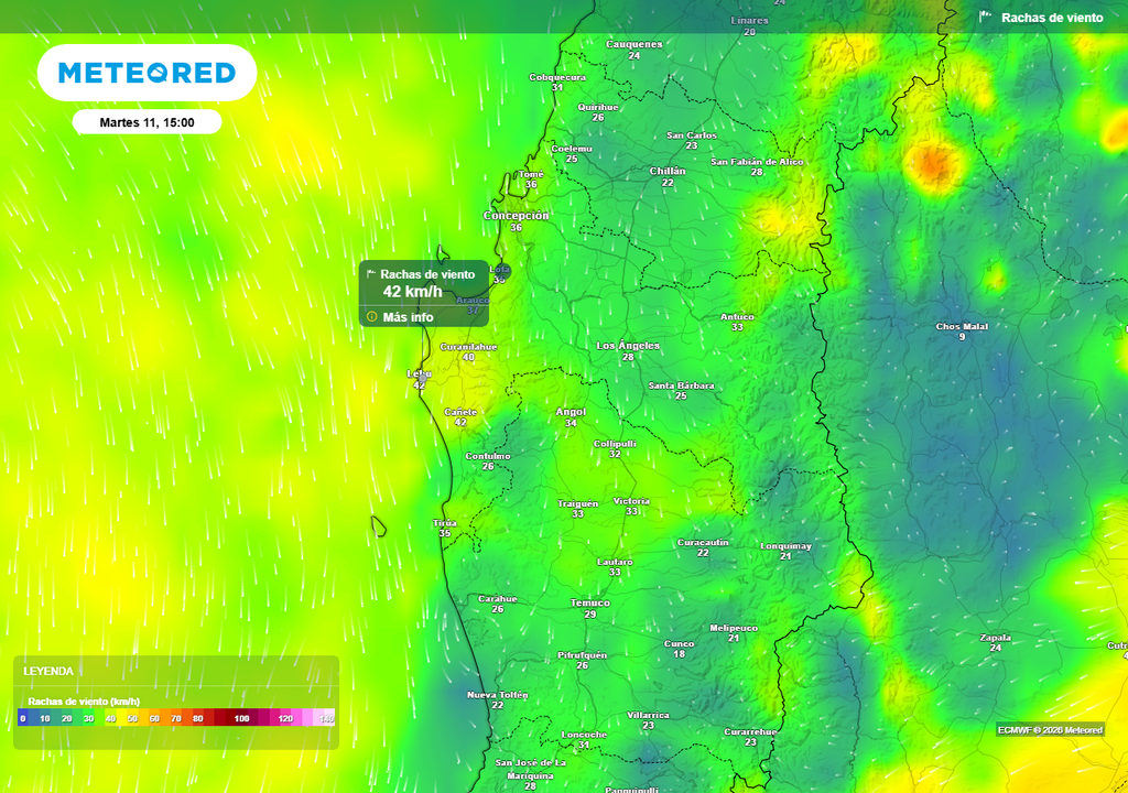 Baja segregada se aproxima al centro-sur de Chile Rachas de viento (km/h) para la tarde del martes (11) en Chile centro-sur.