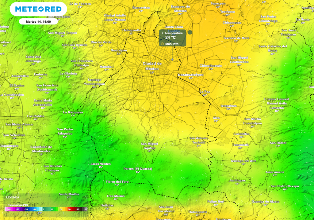 temperatura La temperatura en la tarde rondará los 24 °C, sin embargo, en zonas del centro y oriente de la capital podrían registrarse valores superiores.