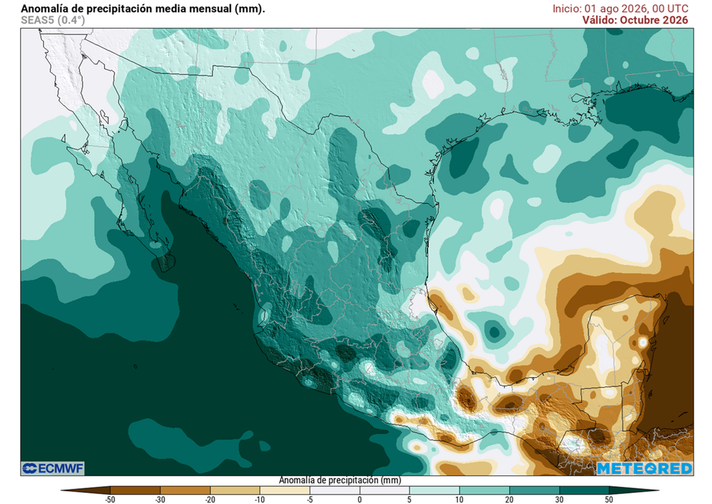 Anomalía de precipitaciones para octubre de 2026 Las lluvias pueden ser abundantes este otoño en gran parte de México, y octubre tendría efectos de ciclones tropicales y sistemas invernales.