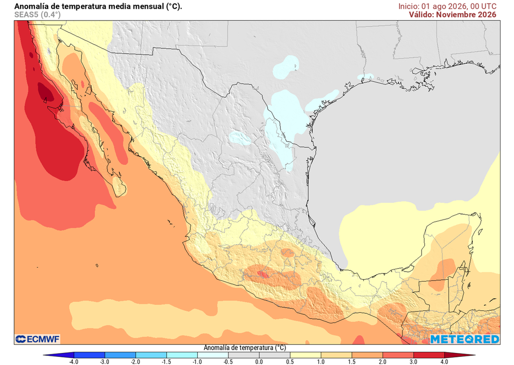 Anomalía de temperaturas para noviembre 2026 Conforme pase el otoño, las temperaturas disminuirán, acentuándose el frío en el norte, oriente y parte del centro; aún seguirá caluroso el Pacífico y sureste.