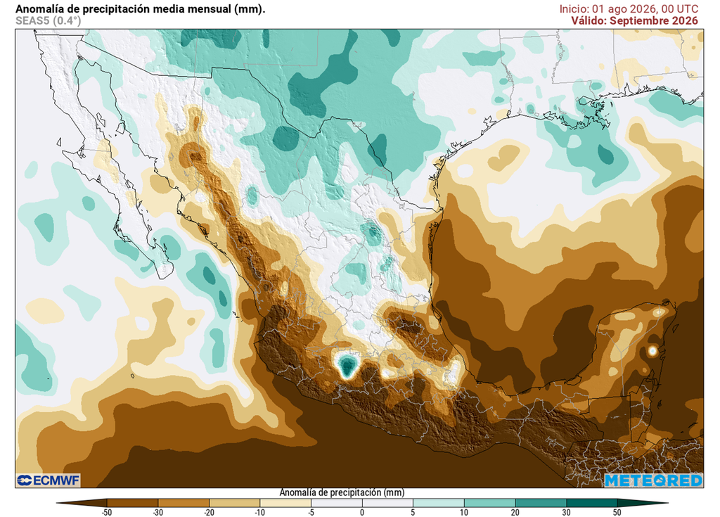 Anomalía de precipitaciones en milímetros Septiembre comenzará a mostrar cambios con un incremento de temperaturas ante amenaza de ciclones y los primeros frentes fríos, contrastando con zonas secas.