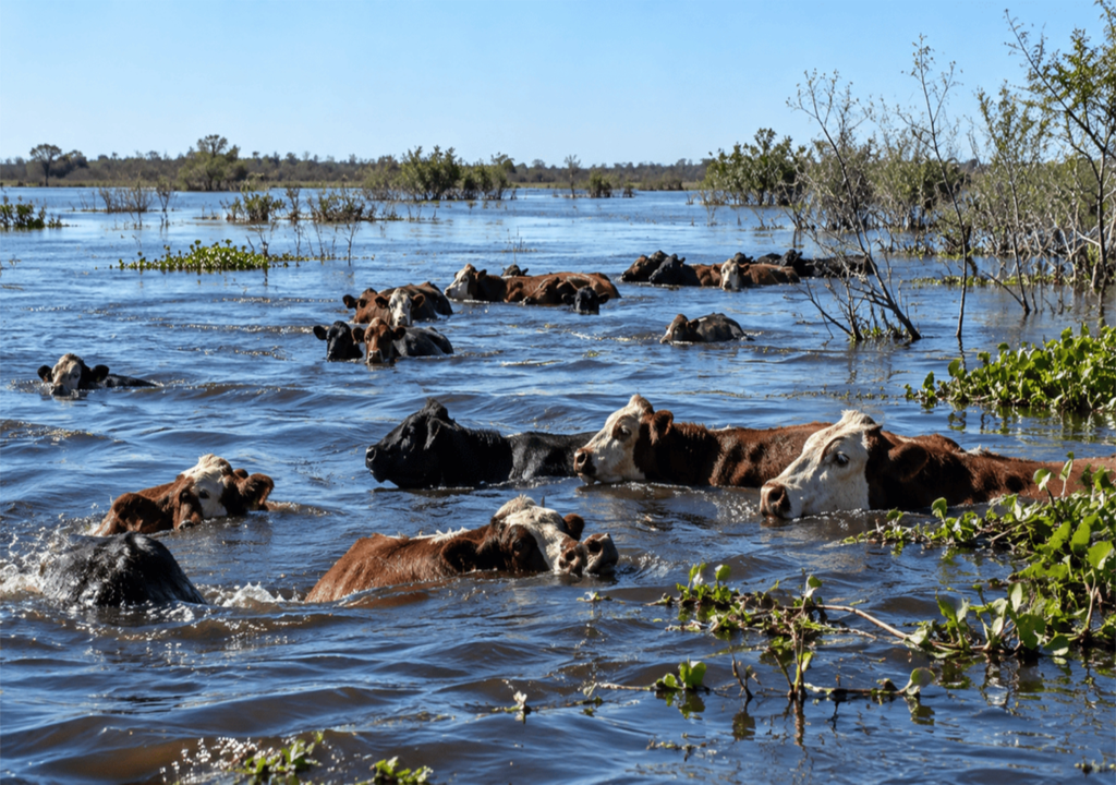 Ganado agua La situación del ganado es crítica: en la provincia de Santa Fe hay más de 700.000 cabezas expuestas y en Entre Ríos aún quedan unas 200.000 en islas