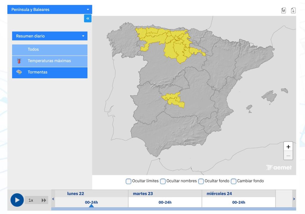 Avisos por tormentas activos por parte de la AEMET para la tarde de hoy lunes.