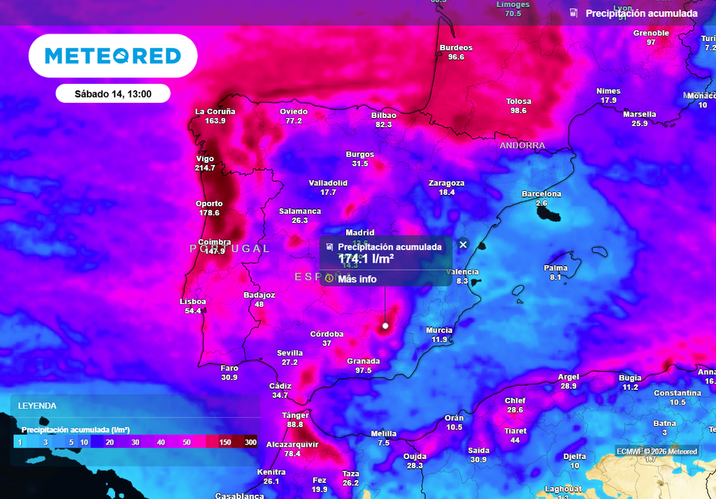 Esta semana los acumulados de precipitación serán muy importantes en el oeste de Galicia y en los principales sistemas montañosos de la Península.
