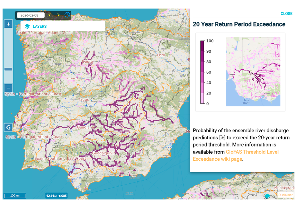 Mapa de GloFAS que muestra la probabilidad en aquellos ríos y afluentes de tener caudales superiores al esperado para un período de retorno de 20 años. Los colores más morados indican una probabilidad elevada.