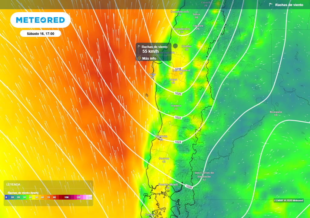 "Surazo" llegará con rachas de viento de 60 km/h a Chile centro-sur Rachas de viento (km/h) para la tarde del sábado (16) en Chile centro-sur.