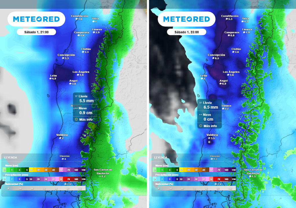 Fuertes pulsos de lluvia se esperan este fin de semana en Chile centro-sur Precipitación (mm) para la noche del sábado (01) en el centro-sur de Chile. Pronóstico del GFS (imagen izquierda) y ECMWF (imagen derecha).