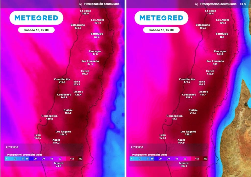 Comparación entre el modelo ECMWF y GFS de los montos acumulados hasta el día viernes 17.