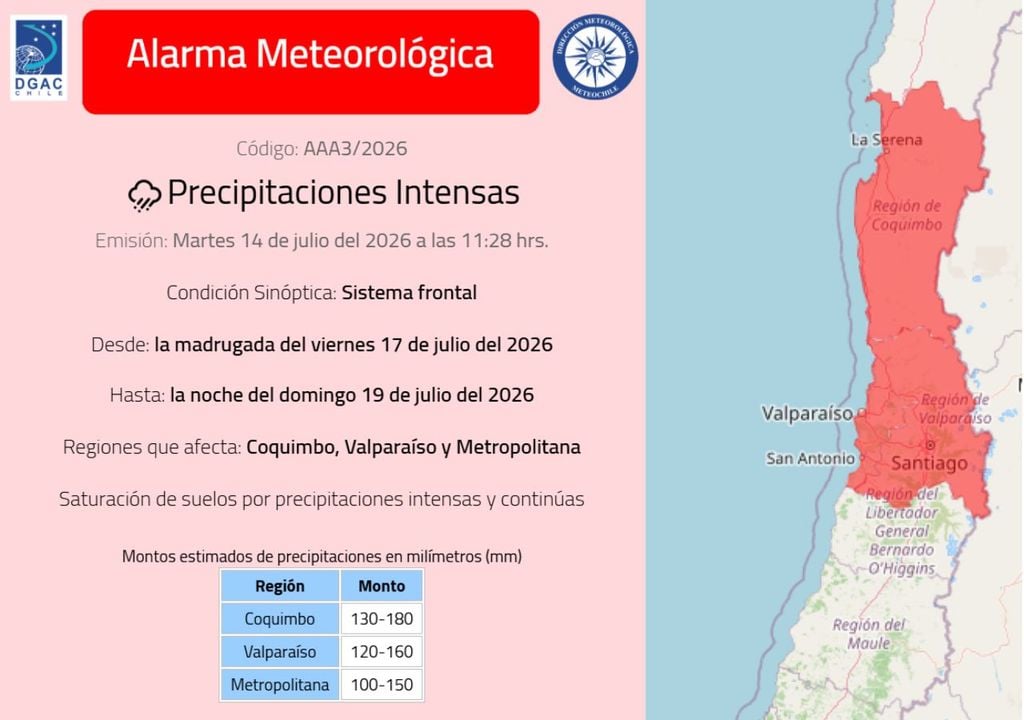 La Dirección Meteorológica de Chile emitió una alarma por la severidad de las precipitaciones en el centro norte.