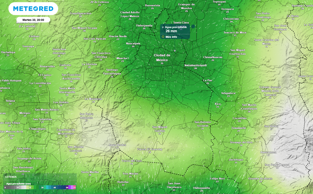 Se mantienen abundante humedad sobre la Ciudad de México, lo cual indica que bajo condiciones favorables podrían registrarse de manera puntual más de 20 mm entre la tarde y la noche del martes.