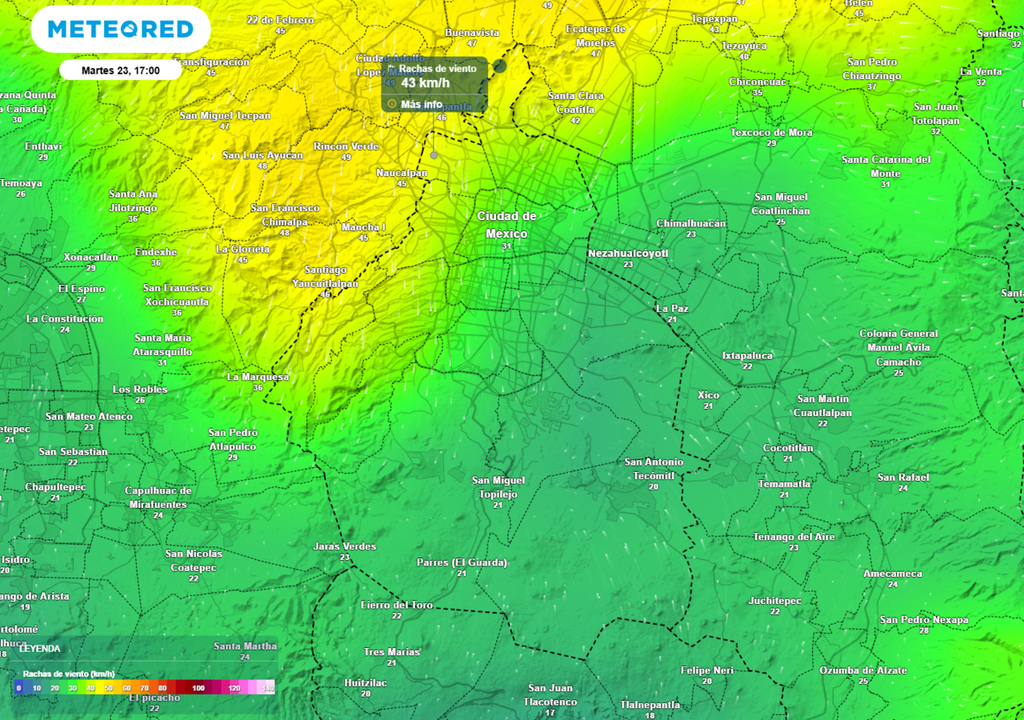 viento Entre las 14:00 y las 18:00 habrá rachas de viento superiores a 40 km/h en las alcaldías del norte y poniente. En áreas de tormentas será superior a lo pronosticado.