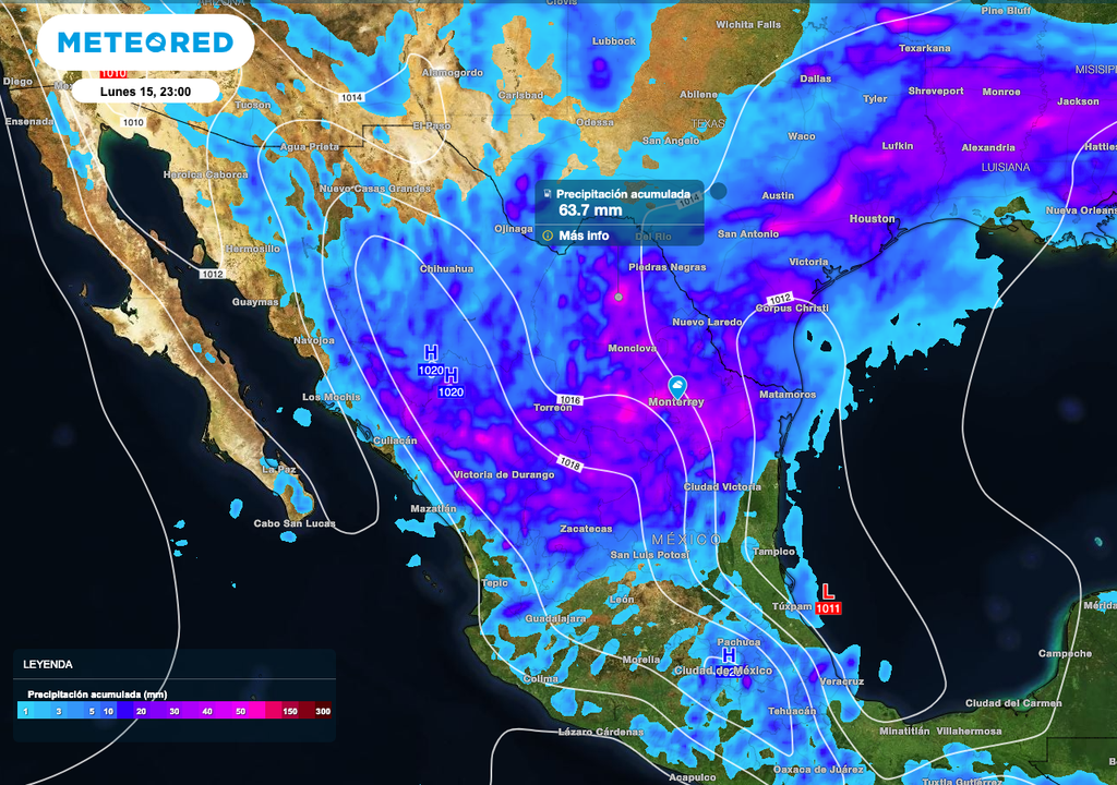 Los acumulados de lluvias más importantes son al Norte y Noreste de México.
