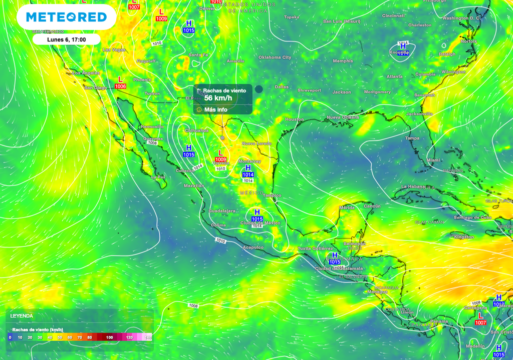 Se prevé viento de hasta 40 km/h con ráfagas de 60 km/h sobre parte del Norte, Noroeste y costa norte de Veracruz y en Campeche.