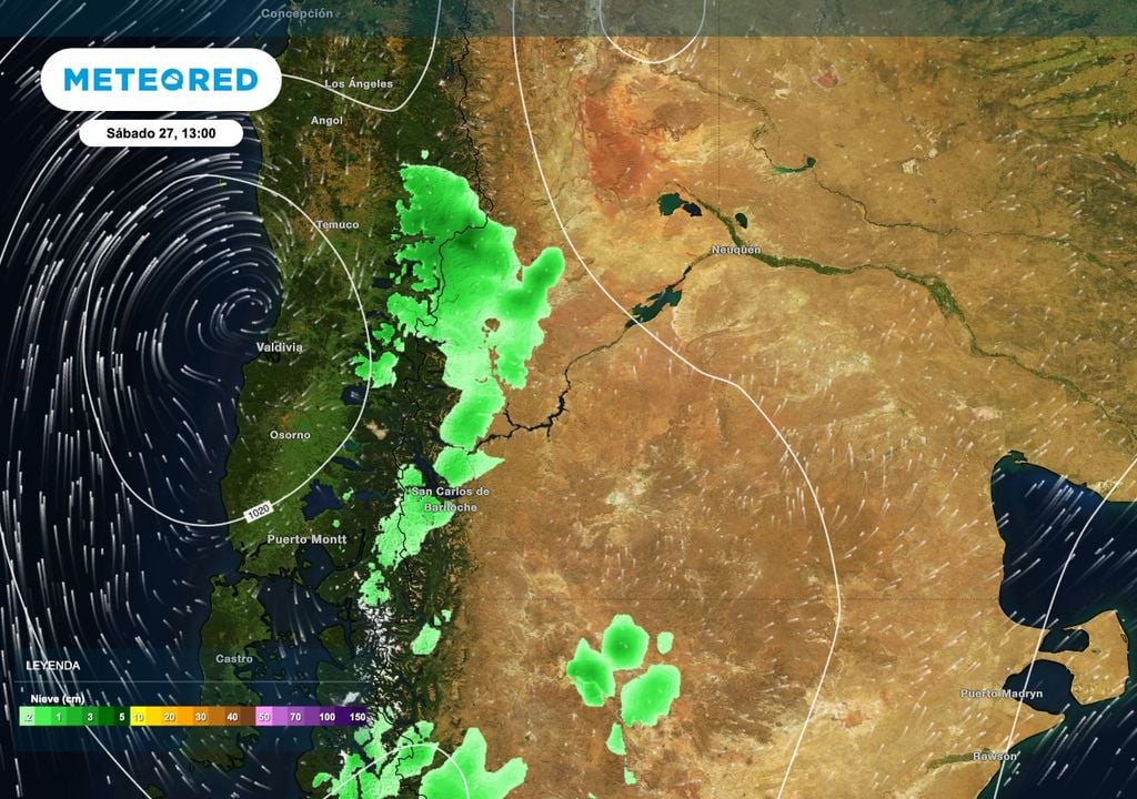 Durante el sábado se esperan algunas nevadas en la cordillera del norte patagónico. Mientras en Bariloche las nevadas estarán mayormente concentradas en zonas más altas de la montaña, hacia el centro de Neuquén se podrán alcanzar temporariamente cotas más bajas.