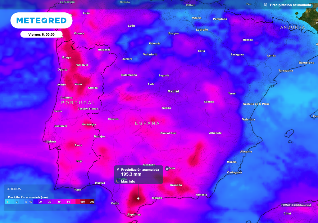 Los acumulados al final de la jornada serán muy elevados en diversas zonas de la península.