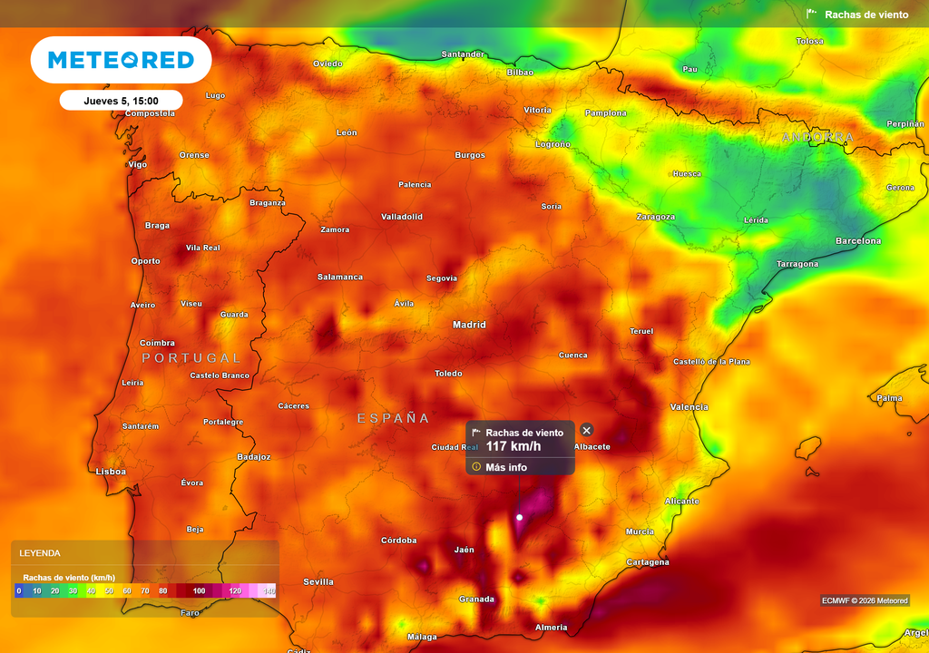 Las rachas más fuertes serán, por lo general, en las primeras horas de la tarde y podrán superar localmente los 100 km/h.