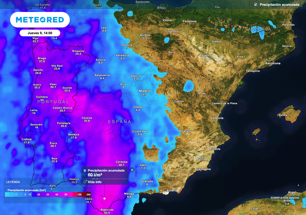 Precipitación acumulada prevista por el modelo europeo hasta el jueves a las 14:00.