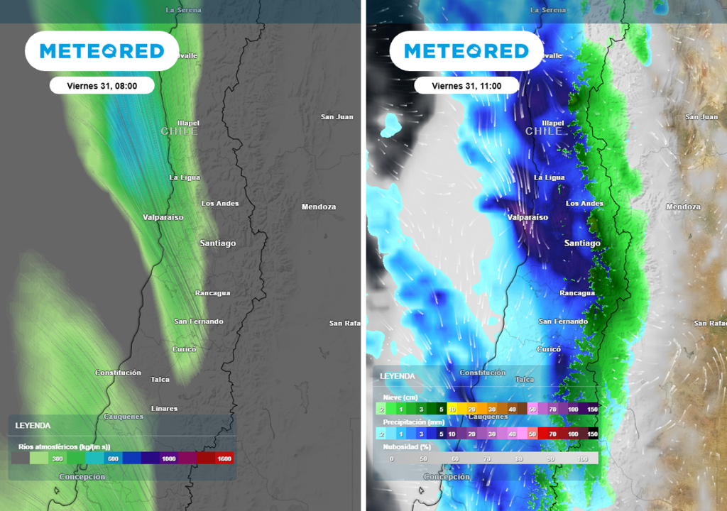 mapas de río atmosférico y precipitaciones Un sistema frontal con río atmosférico llegará este viernes a la capital y dejará precipitaciones más intensas durante la mañana.